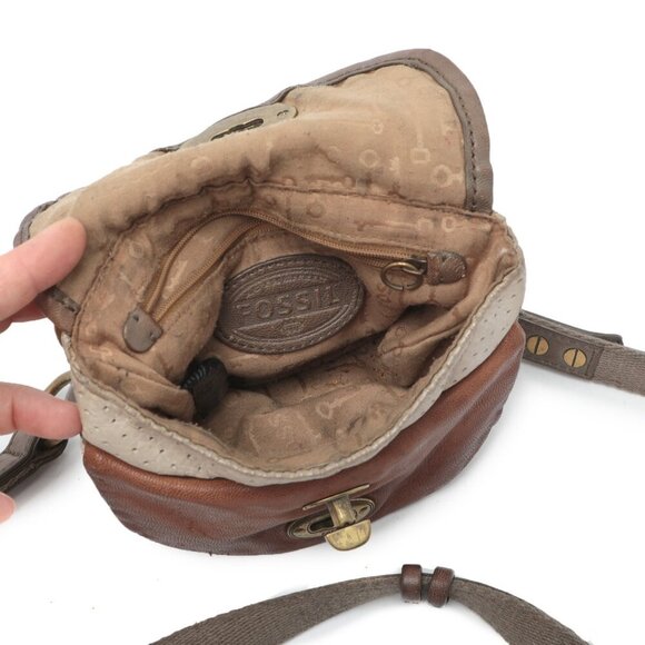 FOSSIL Mason Leather Crossbody Bag Two Tone Sling Purse Bag Brown Cream Small - Picture 14 of 16
